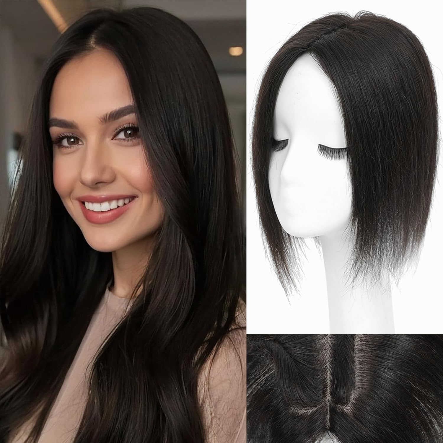 Hair Toppers for Women Real Human Hair, 12 Inch 360° 3D Upgrade Middle Part Toppers for Women with Thinning Hair (Natural Black)