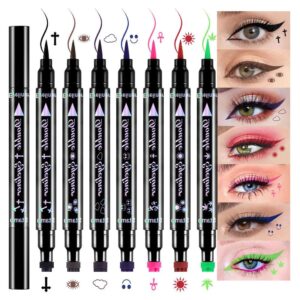 7Pcs Colored Liquid Eyeliners with Face Stamps – Black Brown Purple Blue Red Pink Green Star Flower Heart Moon Triangle Stamps for Cosplay & Gothic Makeup – Beginner-Friendly (multicolor-7Pcs-set02)