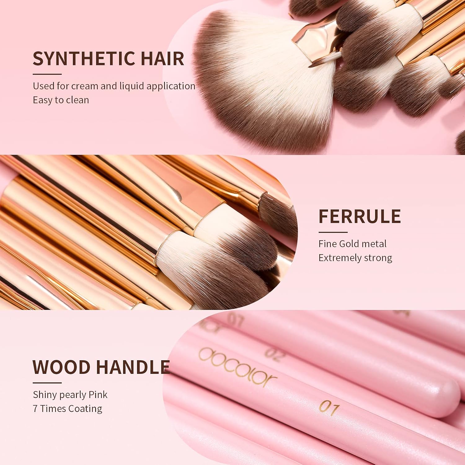 Docolor Pink 15-Piece Soft Synthetic Hair Eye Makeup Brush Set - Image 4