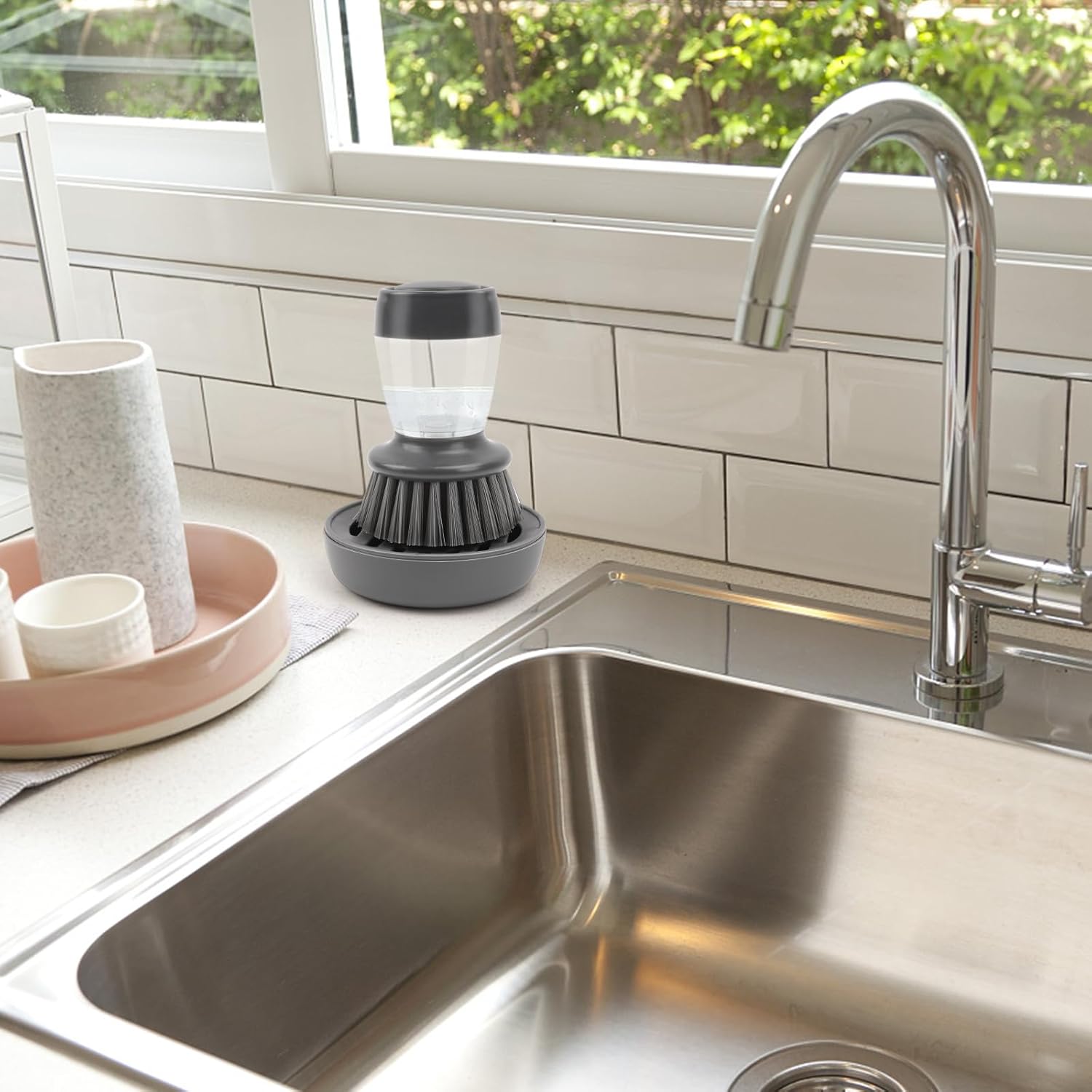 Palm Dish Brush with Built-in Soap Dispenser and Draining Tray for Kitchen Cleaning - Image 5