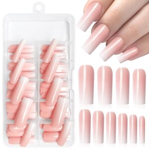 120Pcs Long Press on Nails, Glossy Square Ombre Fake Nails Full Cover Pink Ombre False Nail Tips Acrylic Long Nails Press on for Women Girls Artificial Fingernails