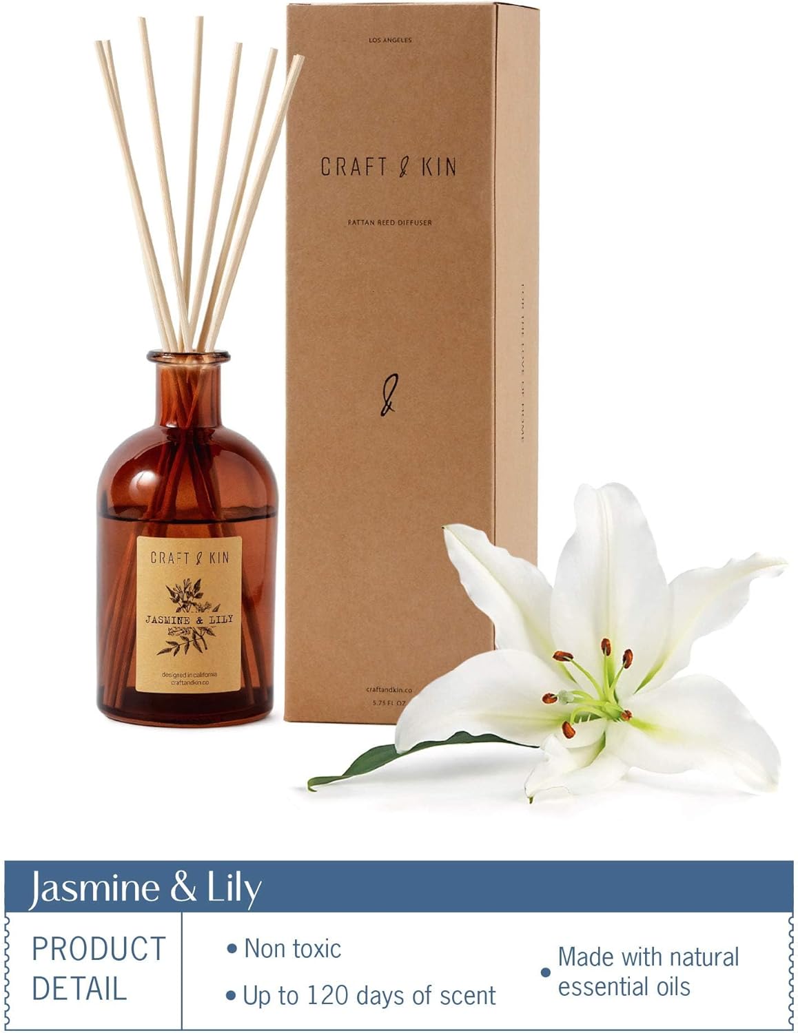 Craft & Kin Lily & Jasmine Reed Diffuser 5.75oz Amber Glass with 8 Rattan Sticks - Image 7