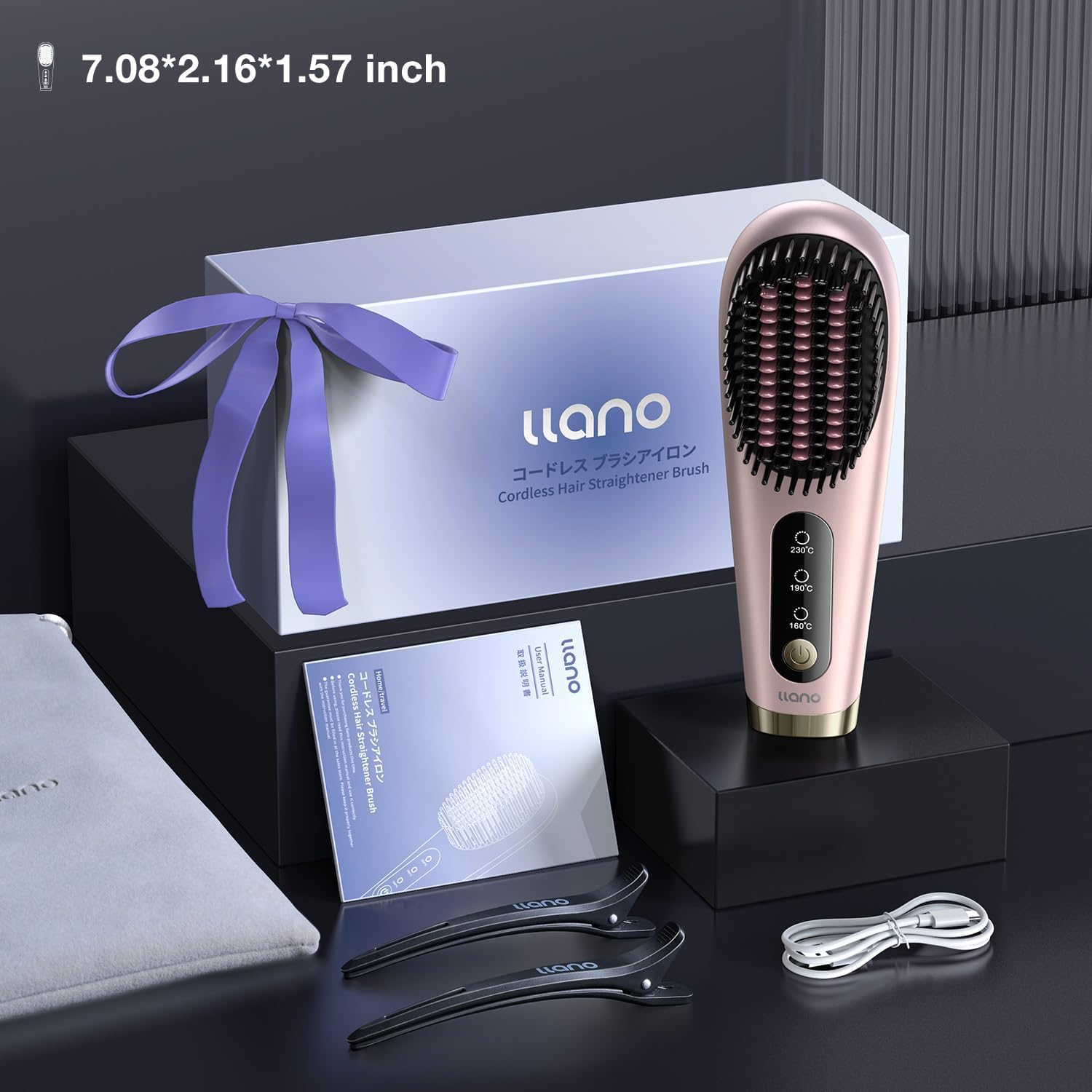 Llano Rechargeable 6400mAh Cordless Mini Hair Straightener Brush Comb Rose Pink Lightweight - Image 9