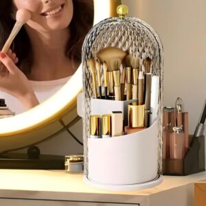 Makeup Brush Holder with Lid,Makeup Brush Storage Box with Diamond Pattern,360 Rotating Waterproof and Dustproof Beauty Brushes Storage for Vanity Bathroom,White