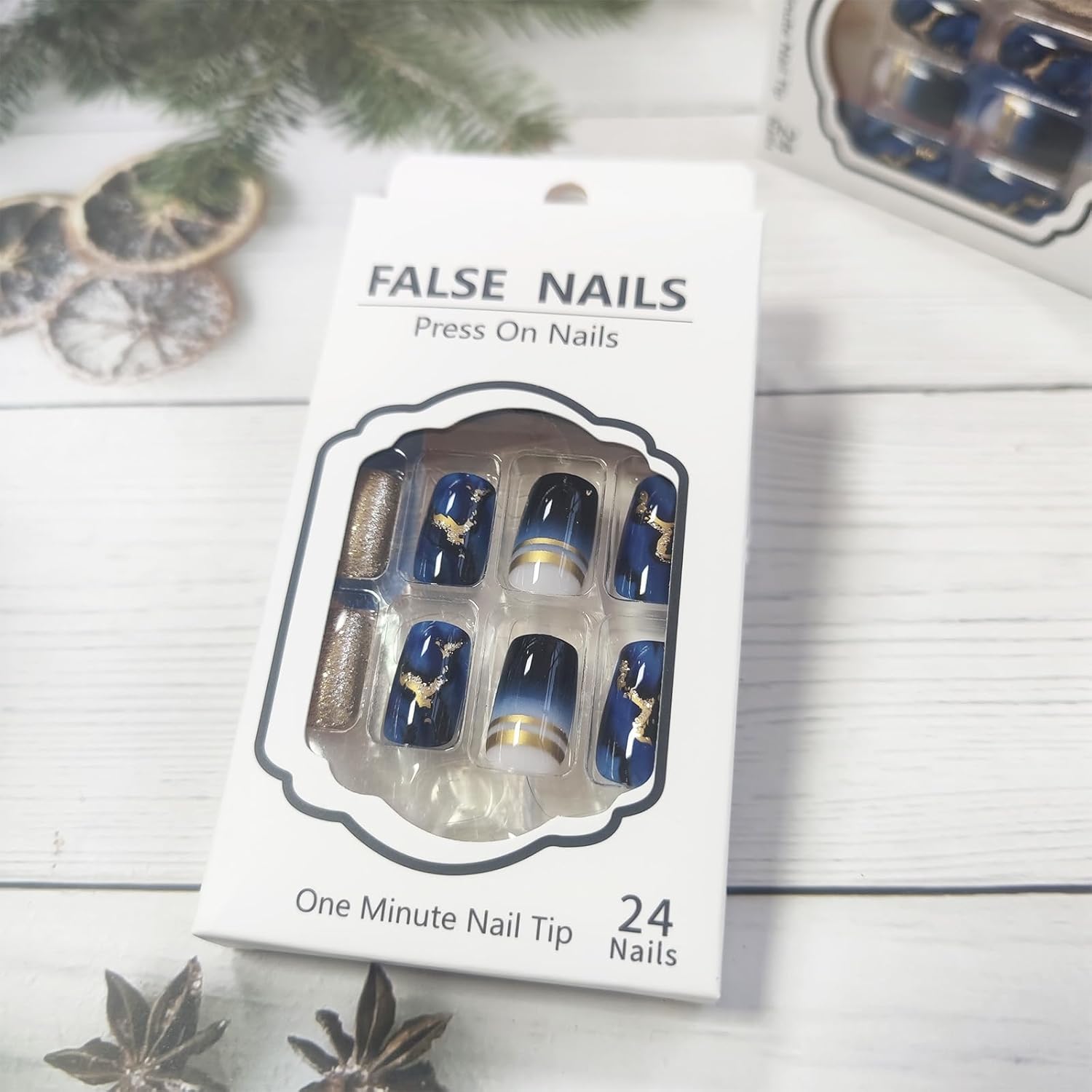 24 Pcs Medium Square Dark Blue Gradient Press on Nails with Gold Glitter Curve Line - Image 4