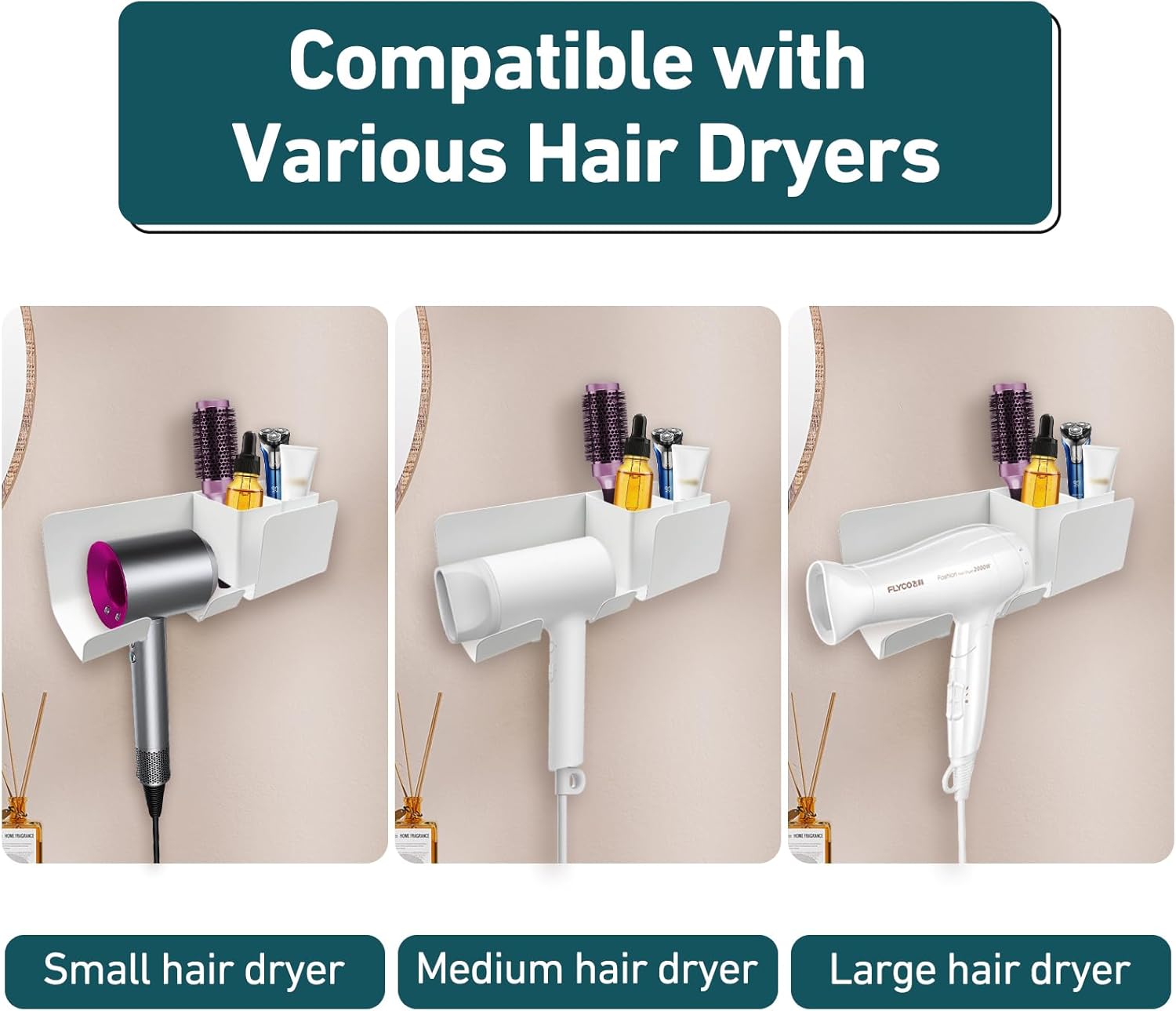 White Wall Mount Hair Dryer Holder Organizer for Bathroom Hair Tools Accessory Hanger - Image 5
