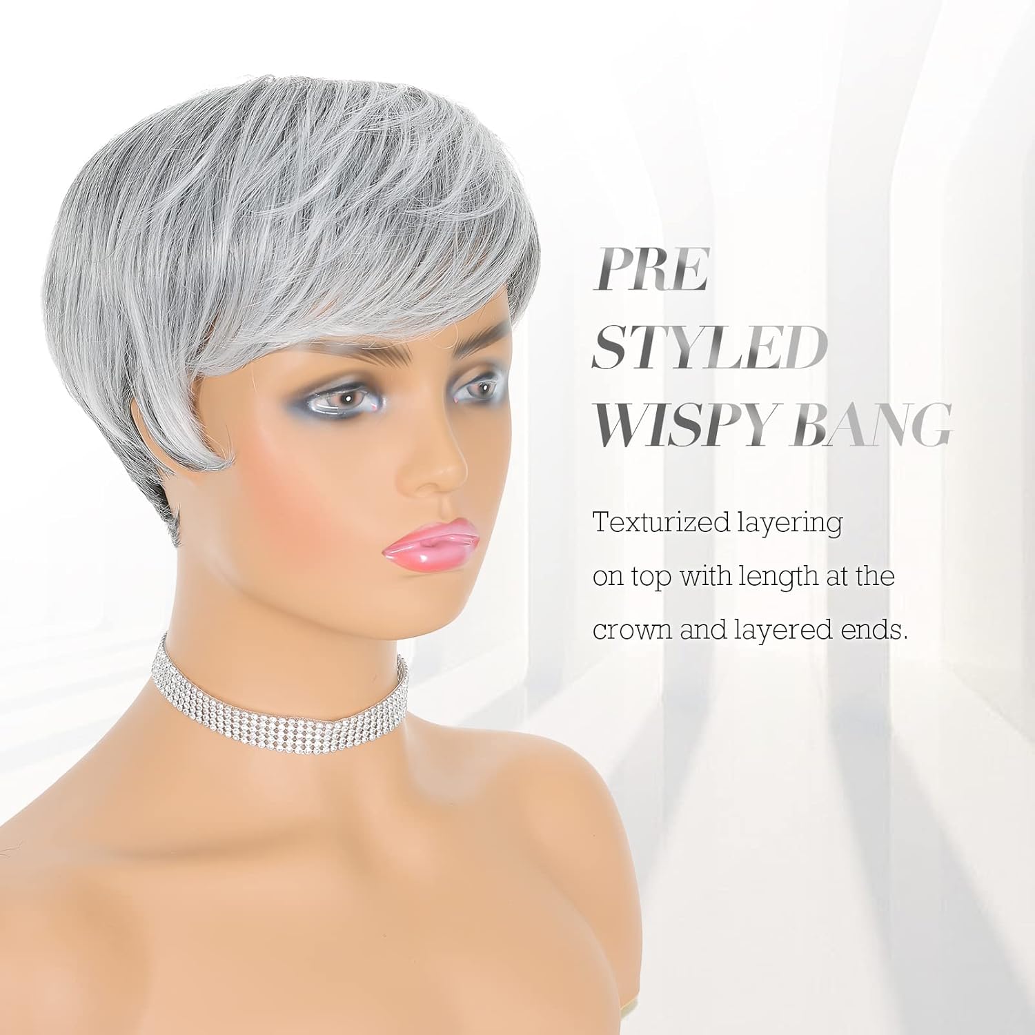 FESHFEN Ombre Gray to Black Pixie Cut Wavy Wig for Women Short with Bangs - Image 4