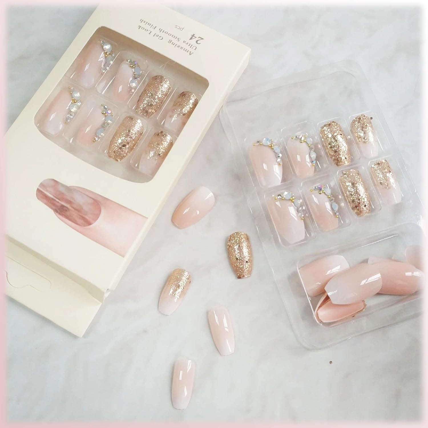 24Pcs Medium Coffin Press on Nails with Rhinestones and Gold Glitter Design for Women - Image 2