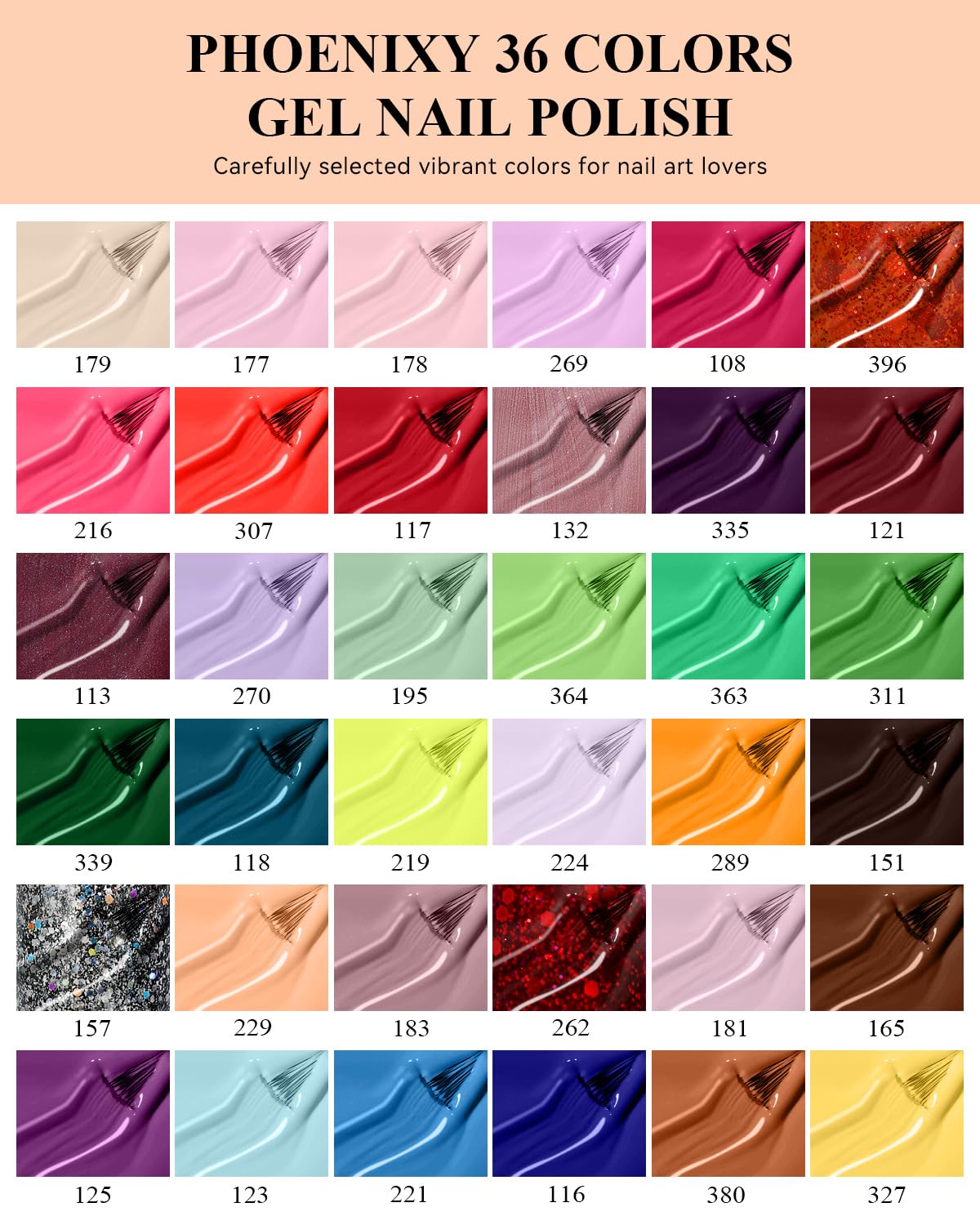 PHOENIXY 40 Piece Gel Nail Polish Set 36 Vibrant Colors with Top Coat for Salon Quality Home Manicures - Image 2