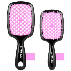 Vented Detangling Hair Brush - 2 Pack Regular & Mini Round Detangler Hairbrush with Soft Bristles for Effortless Tangle Free - Ideal for Wet Dry or Damaged Hair for Women Men Kids - Pink
