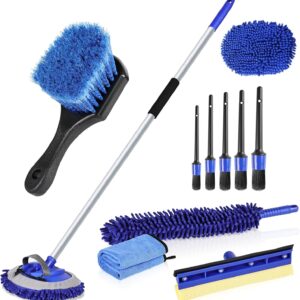 anngrowy 62" Car Wash Brush Mop Kit with Long Handle Car Wheel Brush Detailing Brush Microfiber Duster Windshield Window Squeegee Dry Towels, Car Washing Cleaning Kit for Cars RV Truck