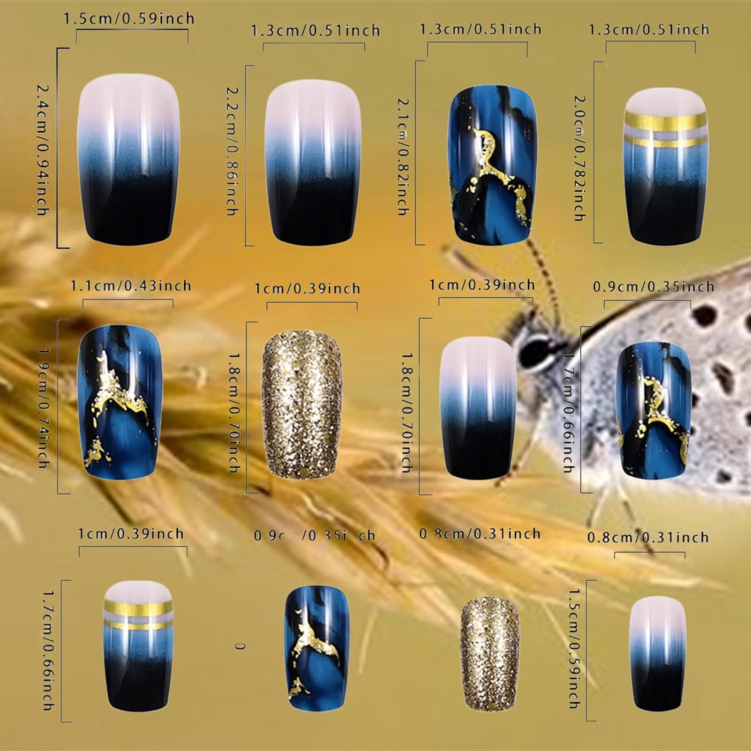 24 Pcs Medium Square Dark Blue Gradient Press on Nails with Gold Glitter Curve Line - Image 6