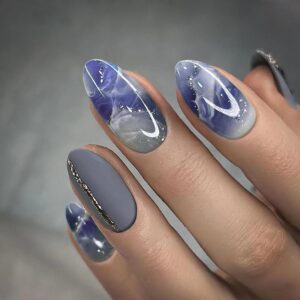 Almond Shape Press on Nails Medium Length Marble Designs Fake Nails with Glitter Full Cover Blue Matte False Nails Stick on Nails Reusable Blue Gradient Acrylic Nails for Women Girls Nail Art 24 Pcs