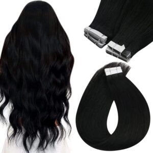 Sunny Hair Tape in Hair Extensions Real Human Hair Invisible Remy Hair Extensions Tape ins for Women Jet Black 18 inch 20Pcs 50G