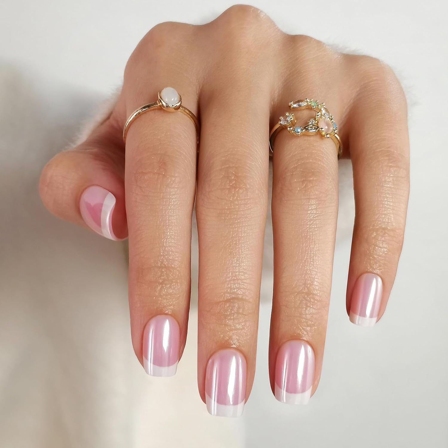 White French Press on Nails Square - Soft Gel Chrome Press on Nails Short for Women Gift, Glossy & Natural Stick on Nails with Glue in 16 Sizes - 32 Reusable Fake Nails, Aurora French