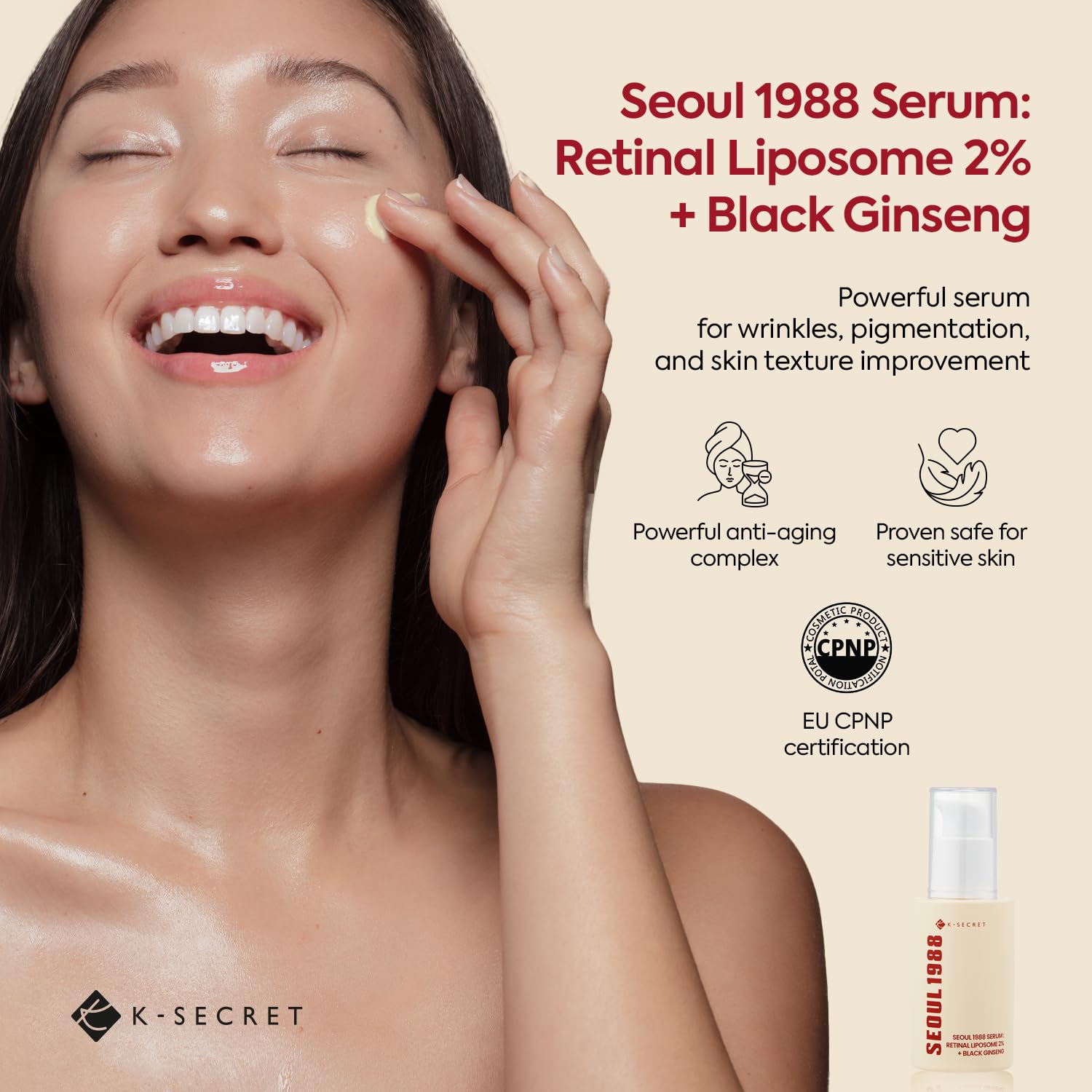 K-SECRET SEOUL 1988 30mL Anti-Aging Retinal Serum with 2% Retinal, Ginseng, Niacinamide, and Peptides - Image 2