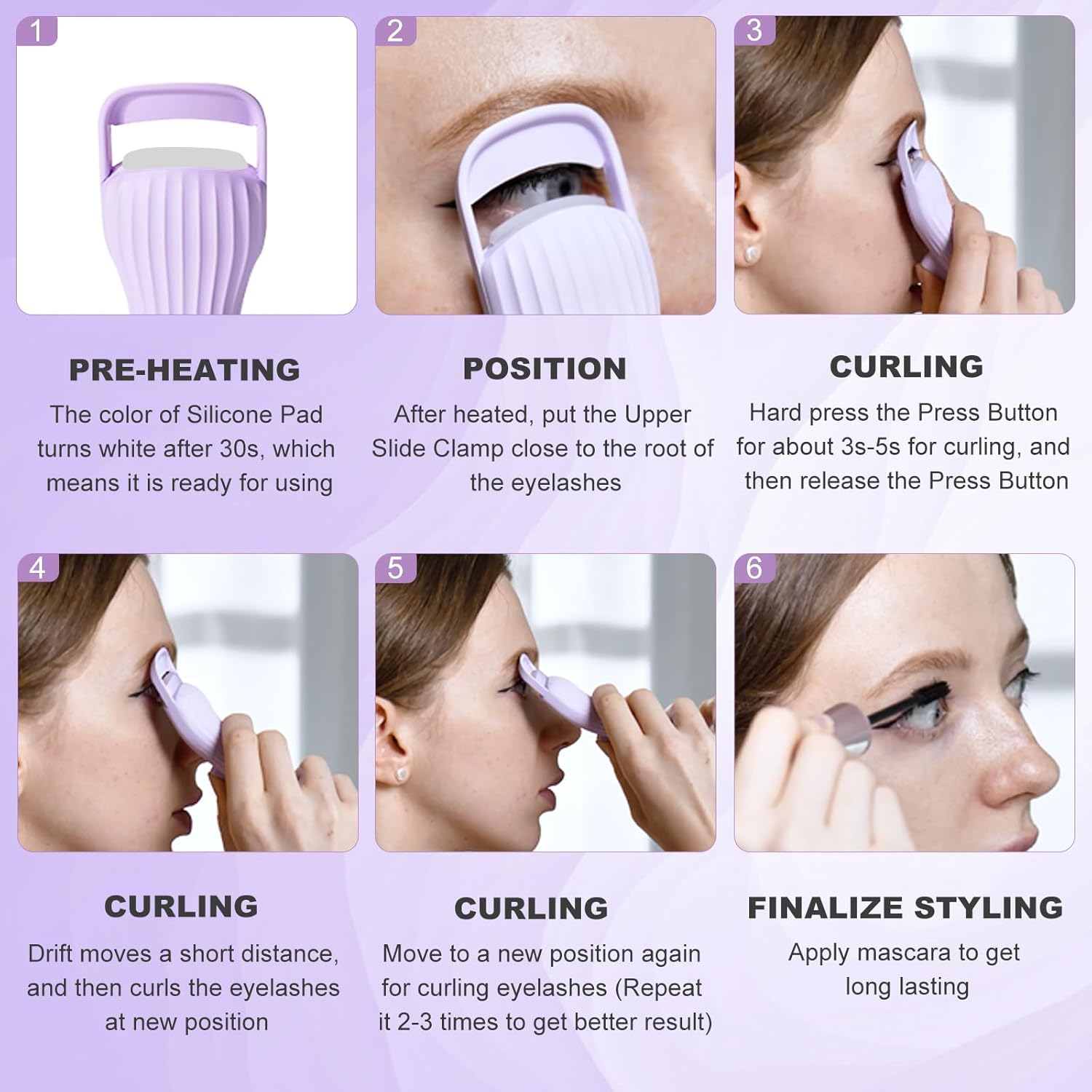 Rechargeable Heated Eyelash Curler Purple 600mAh Battery Silicone Pad Long-Lasting Lift - Image 5