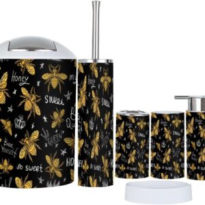 Bathroom Accessories Set 6 Pcs Hohey Golden Embroidery Seamless Queen Crown Textile Fabrics Toothbrush Holder Cup Soap Dispenser Soap Dish Toilet Brush Holder Trash Can for Countertop Decor