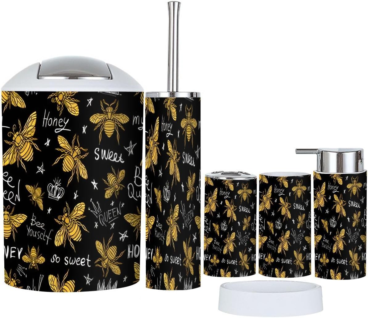 Bathroom Accessories Set 6 Pcs Hohey Golden Embroidery Seamless Queen Crown Textile Fabrics Toothbrush Holder Cup Soap Dispenser Soap Dish Toilet Brush Holder Trash Can for Countertop Decor