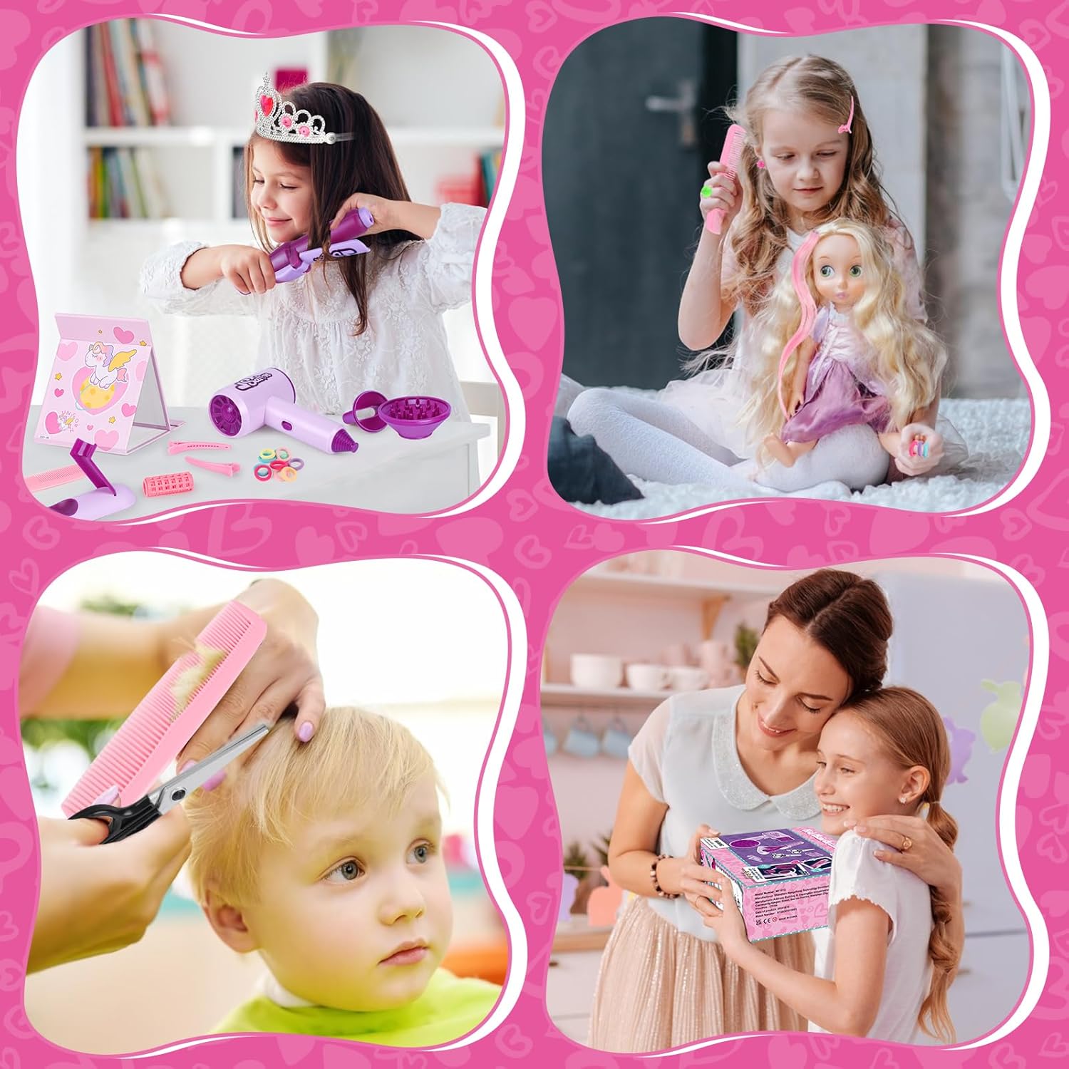 40-Piece Kids Hair Salon Playset with Realistic Hairdryer, Curling Iron, Mirror, and Fun Accessories - Image 6