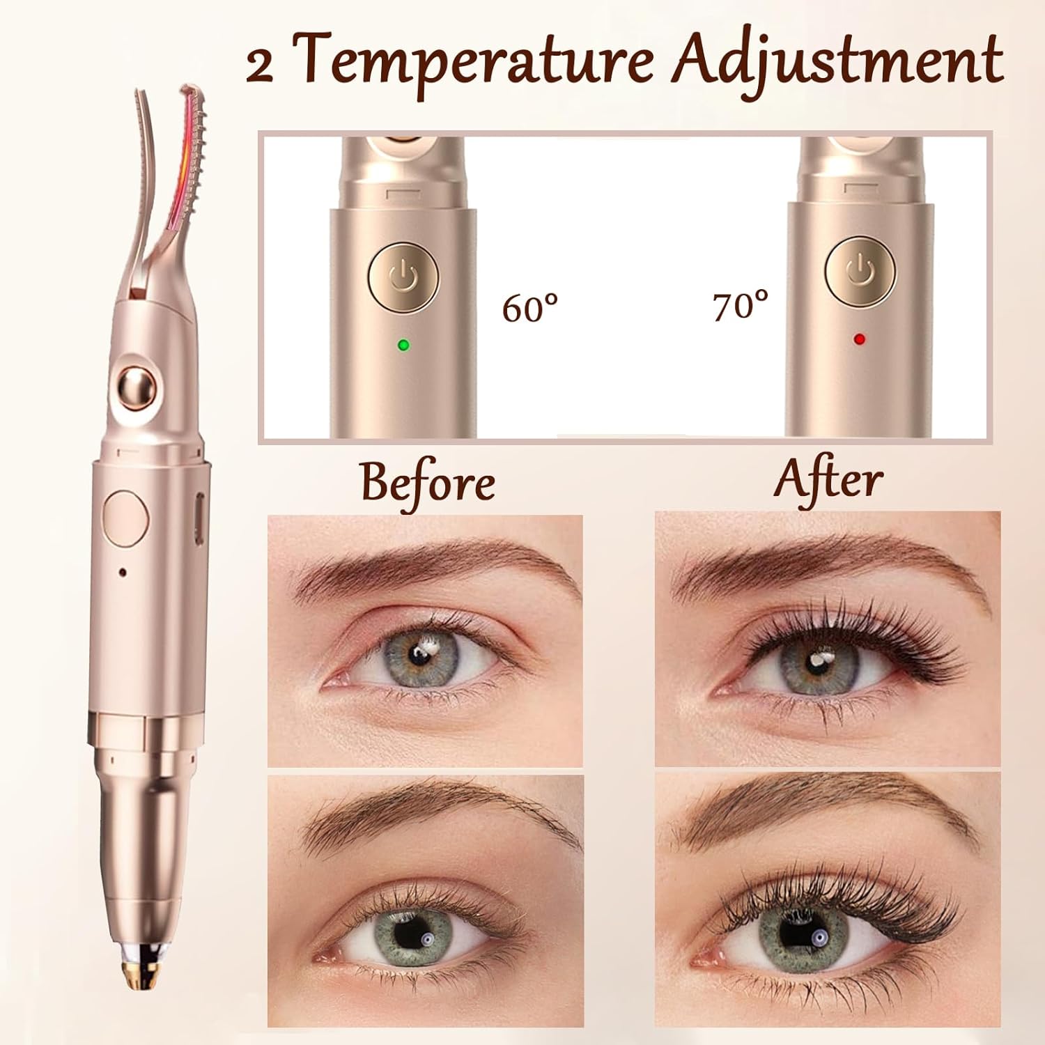 USB Rechargeable 2-in-1 Heated Eyelash Curler and Eyebrow Trimmer, 2 Temperature Modes - Image 3