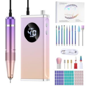 Electric Nail Drill, 40000RPM Professional E-Filer Rechargeable with 15 Drill Bits, Portable Nail File Electric Nail Filer for Acrylic Nails Gel Polishing Removing for Salon Home (Purple)
