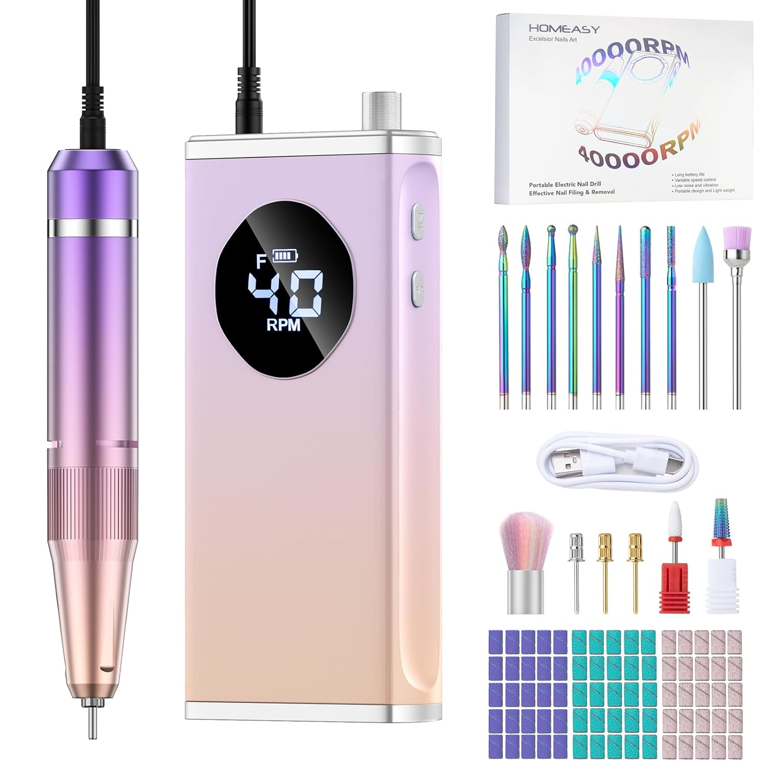Electric Nail Drill, 40000RPM Professional E-Filer Rechargeable with 15 Drill Bits, Portable Nail File Electric Nail Filer for Acrylic Nails Gel Polishing Removing for Salon Home (Purple)