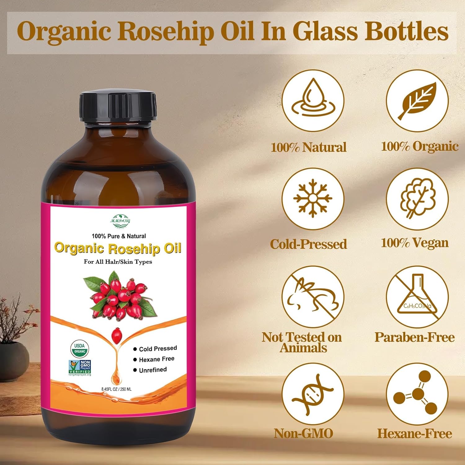 Pure Organic Rosehip Seed Facial Oil 8.45oz Cold Pressed Unrefined - Image 2