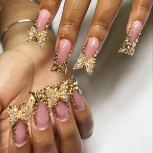 Gold Press on Nails French Tip Fake Nails with Metal Gem Rhinestones Designs Butterfly Acrylic Nails Long Square False Nails Reusable Full Cover Glue on Nails for Women Manicure Decorations 24pcs
