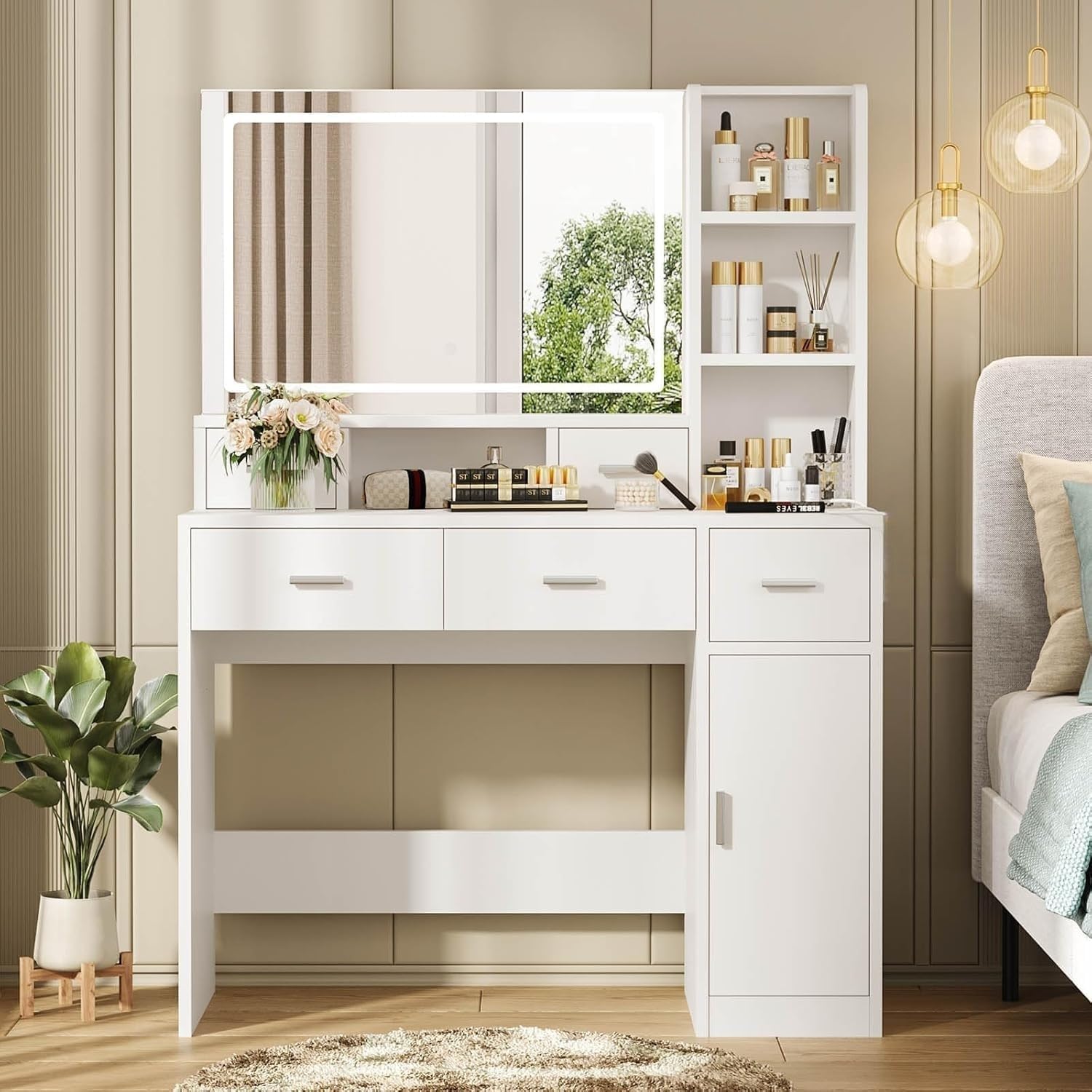 Vanity Desk with Mirror and Lights, Vanity with Soft and Non-Dazzling Lighting,Makeup Vanity with Drawers for Bedroom Dressing Room, Women Girls (White)