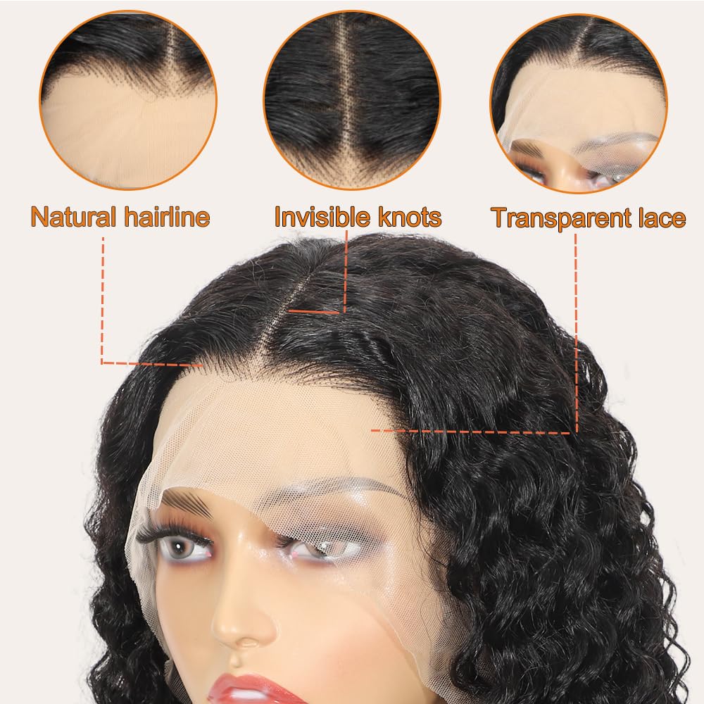 14 Inch Deep Wave Bob Wig Human Hair 13x4 Lace Front 200% Density Pre Plucked Wet Wavy - Image 6