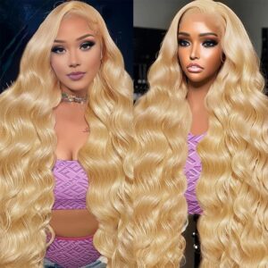 FTQZKEY 28 Inch Honey Blonde Body Wave Lace Front Wig 13X4 Honey Blonde HD Lace Front Wigs Human Hair 180 Density Brazilian Virgin Human Hair Pre Plucked with Baby Hair