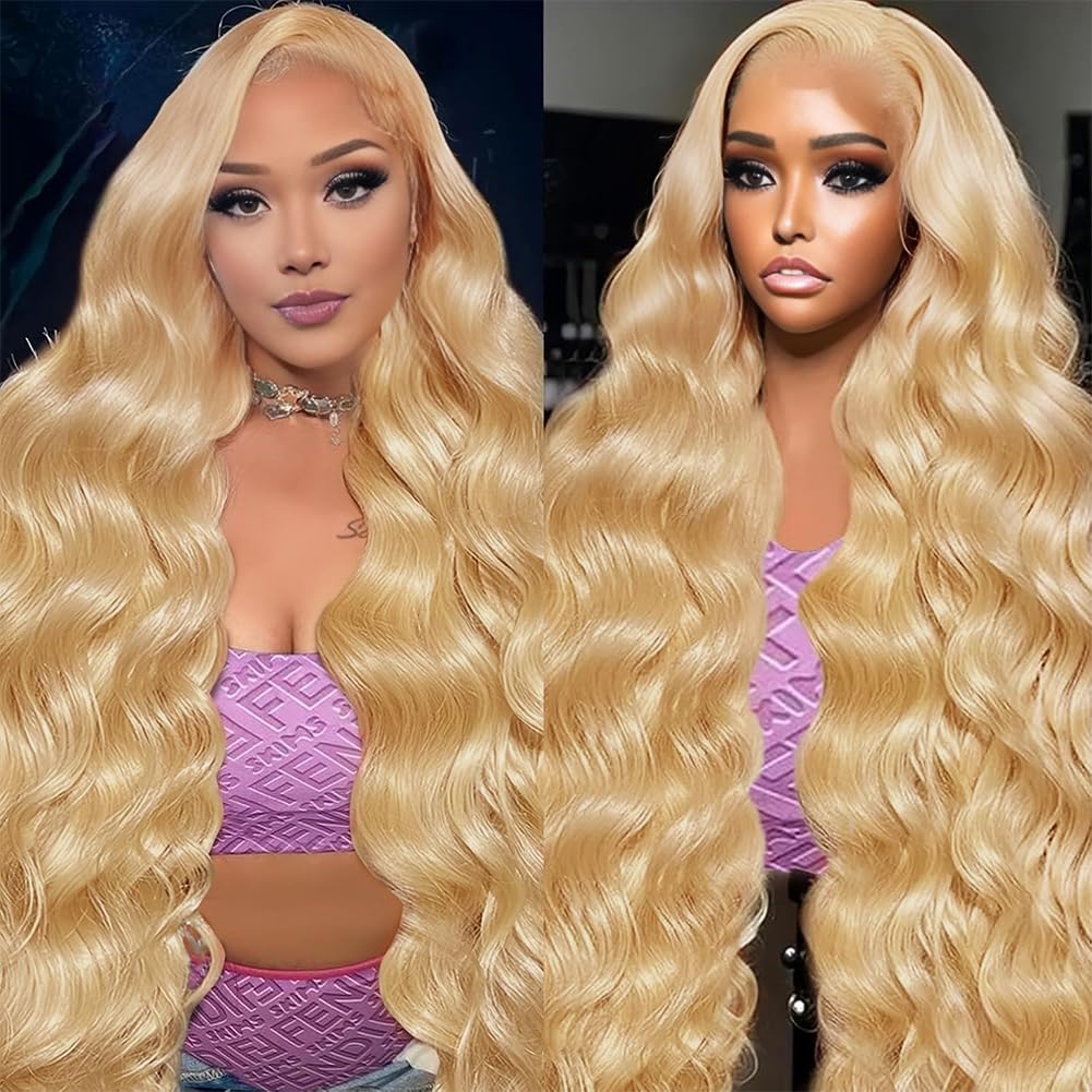 FTQZKEY 28 Inch Honey Blonde Body Wave Lace Front Wig 13X4 Honey Blonde HD Lace Front Wigs Human Hair 180 Density Brazilian Virgin Human Hair Pre Plucked with Baby Hair