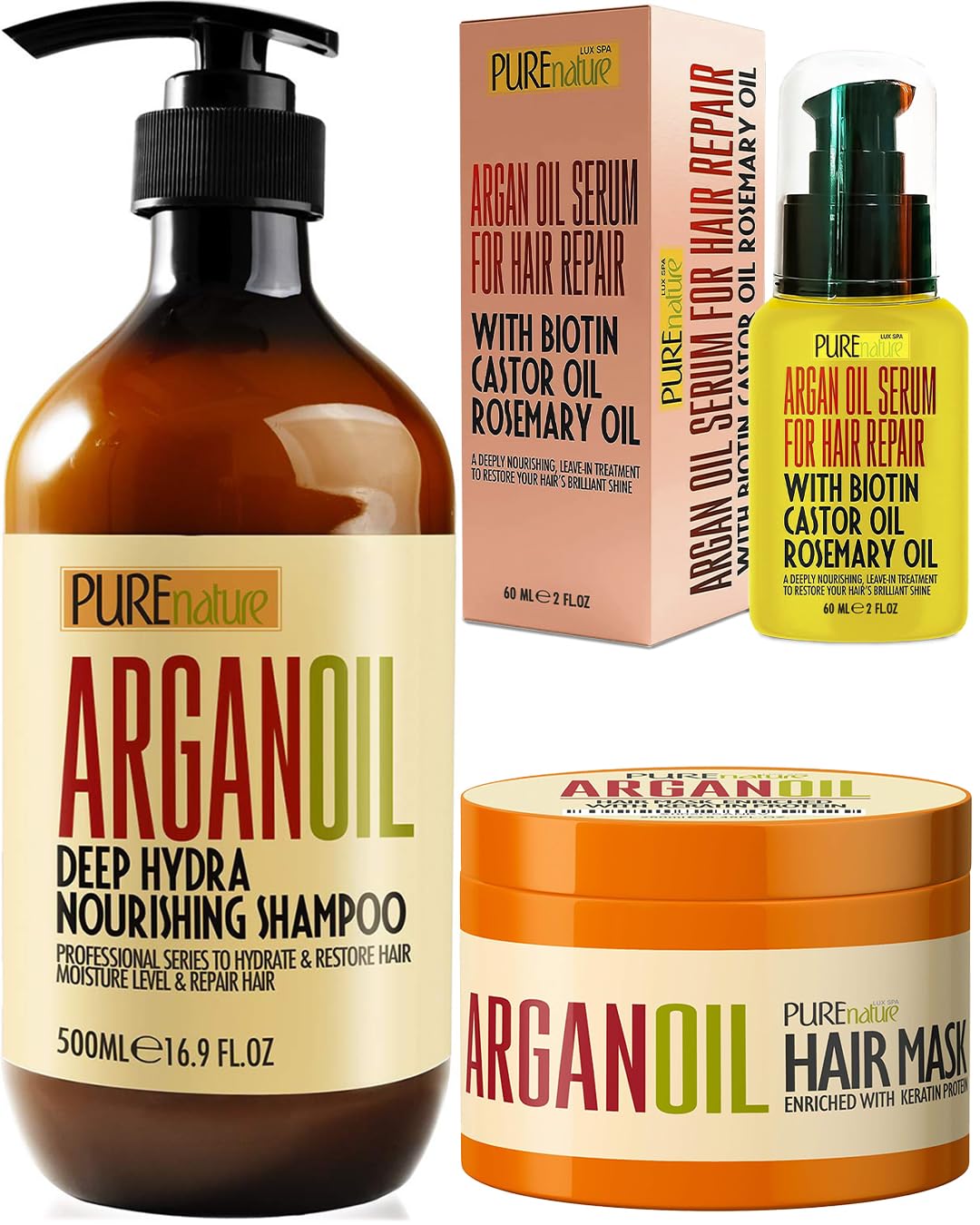 PURE NATURE LUX SPA Moroccan Argan Oil Hair Serum and Moroccan Argan Oil Shampoo and Moroccan Argan Oil Intense Hair Mask