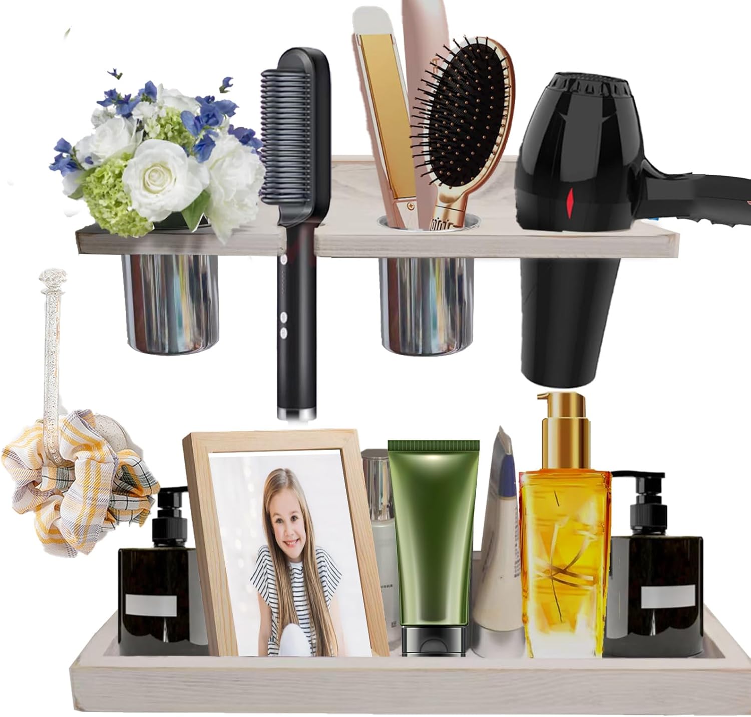 Wall-Mounted Hair Tool Organizer with Heat Resistance - Set of 2 Layer Rustic Blow Dryer Holder (White)