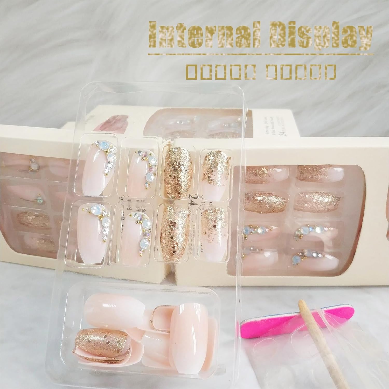 24Pcs Medium Coffin Press on Nails with Rhinestones and Gold Glitter Design for Women - Image 4