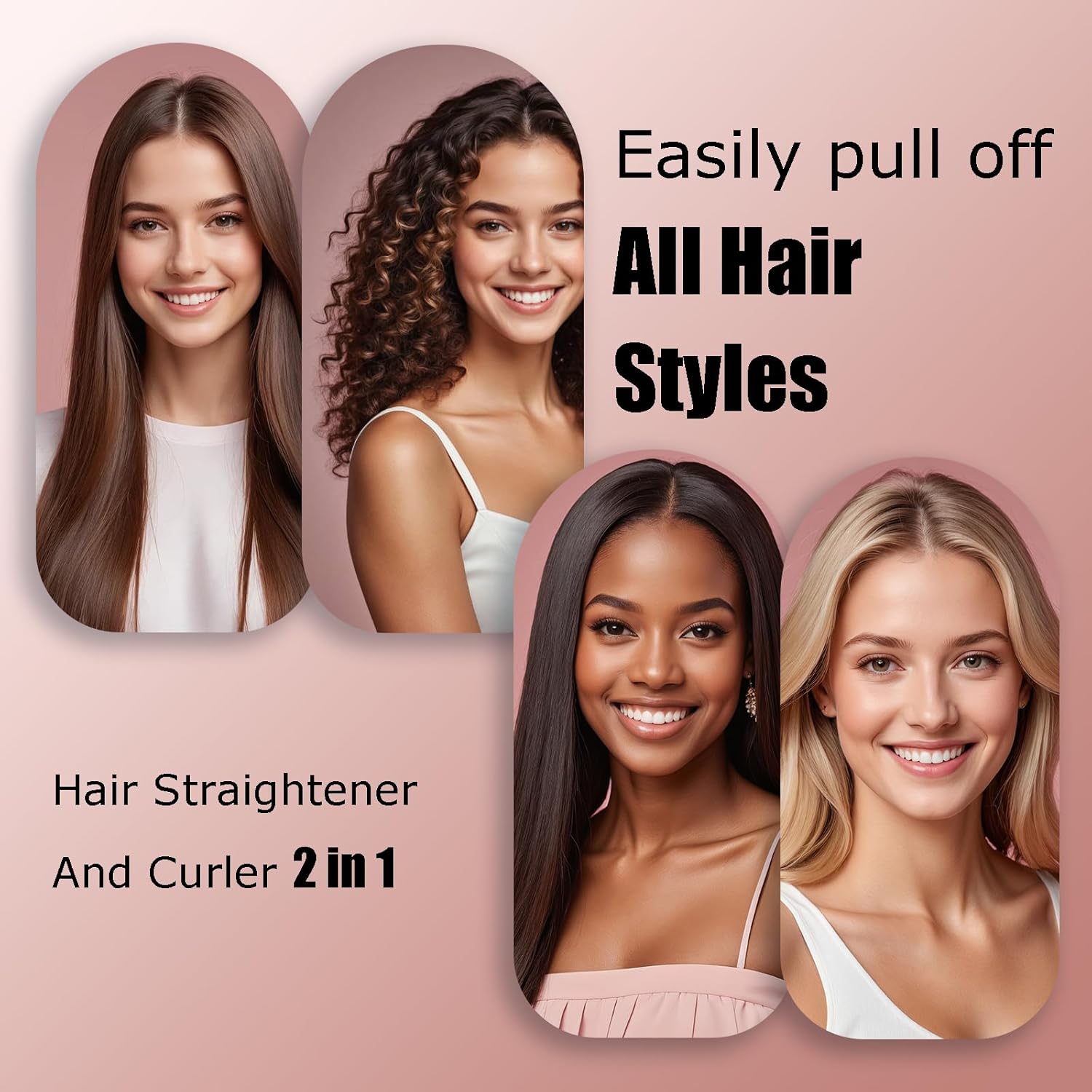 Pink 2-in-1 Hair Straightener and Curler with Fast Heating Tourmaline Ceramic, 60-Minute Auto Shutoff - Image 2