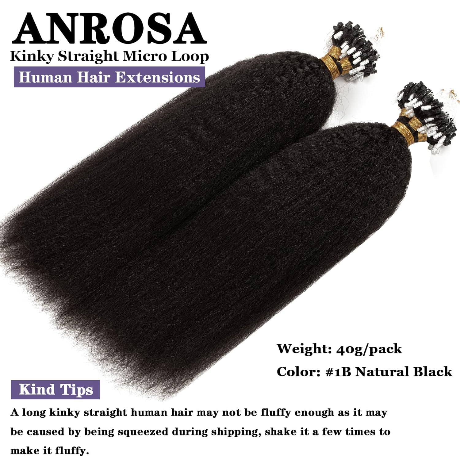 Anrosa 18 Inch Kinky Straight Micro Links Hair Extensions for Black Women, Natural Black Color - Image 2