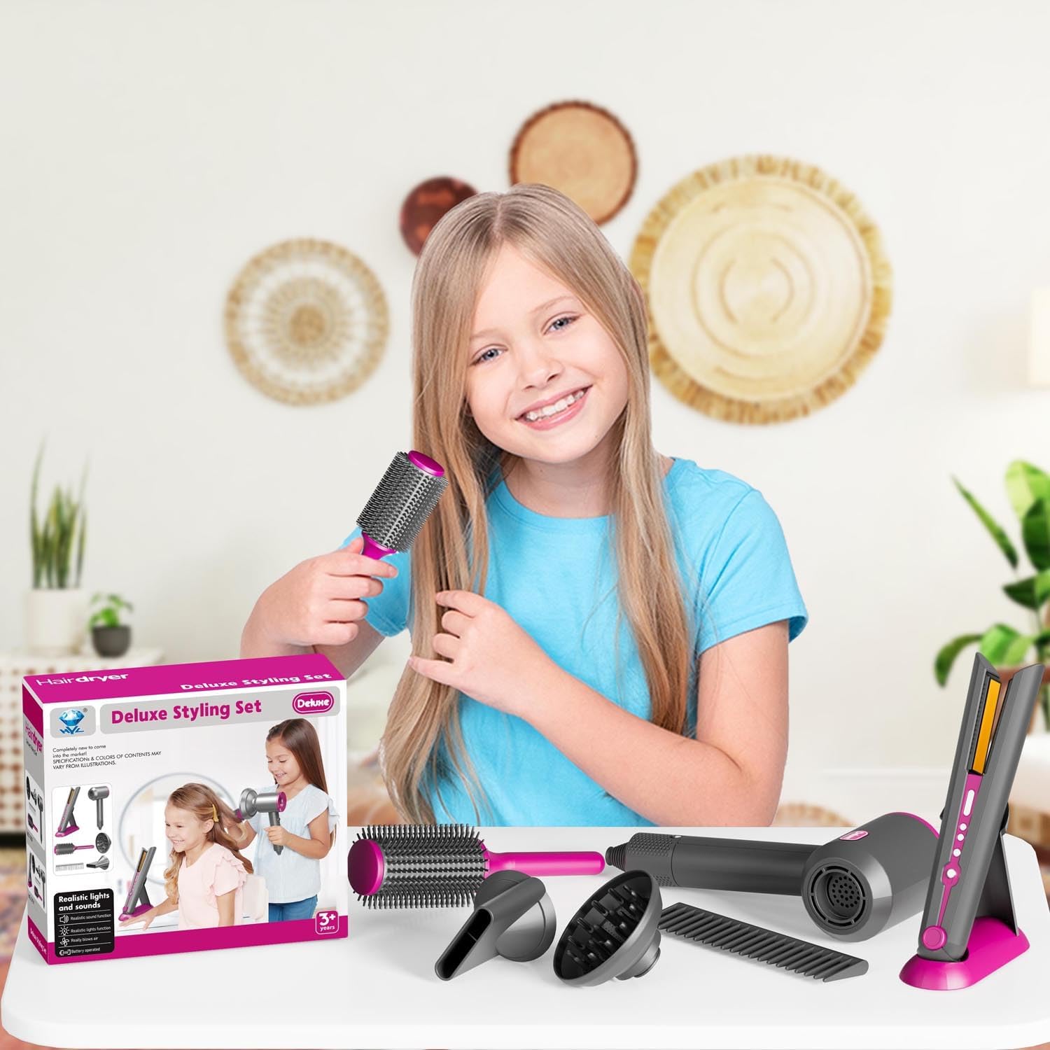 Girls Hair Salon Deluxe Styling Set with Real Function Hair Dryer and Straightener for Ages 3+ - Image 6