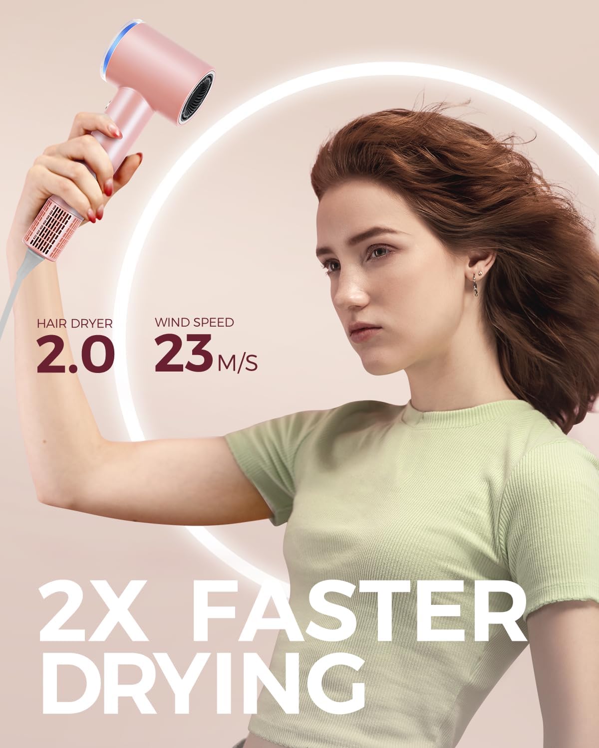 Professional High-Speed Hair Dryer with Diffuser, 110,000 RPM, 5 Temps, 3 Speeds, Light Pink - Image 2