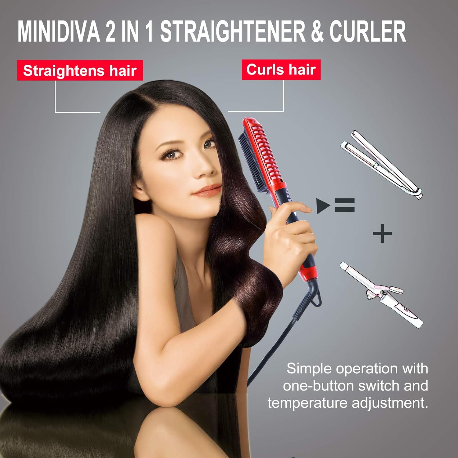 Minidiva 2-in-1 Red Hair Curler and Straightener, 6 Heat Levels, Anti-Scald Design - Image 5