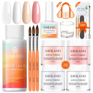 SAVILAND Acrylic Nail Kit for Beginners: Nudes Pink Clear White Powder and Liquid Set With 10 ML Non-acid PH Bond Primer - DIY Nail Extension Practice Kit