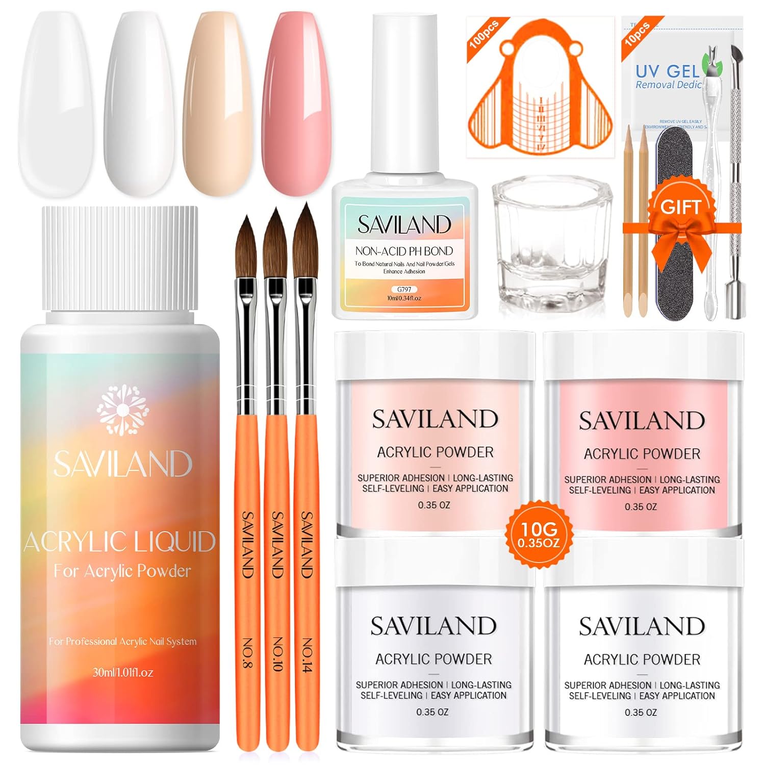 SAVILAND Acrylic Nail Kit for Beginners: Nudes Pink Clear White Powder and Liquid Set With 10 ML Non-acid PH Bond Primer - DIY Nail Extension Practice Kit