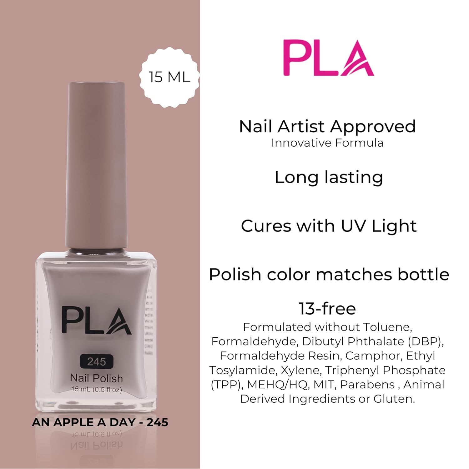 PLA Nail Lacquer Pinkish Brown Nail Polish An Apple a Day 245 15 ml Bottle - Image 2