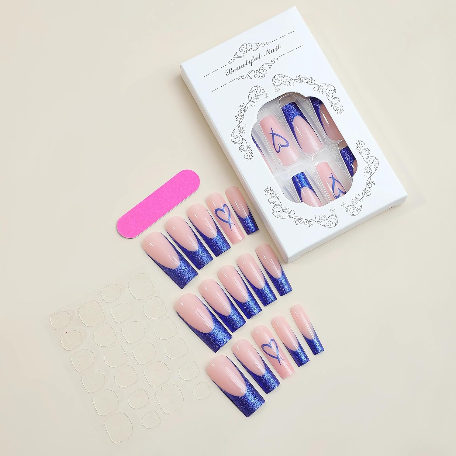 BABALAL 24 Piece Long Square Blue French Tip Glitter Heart Press On Nails Set - Image 4