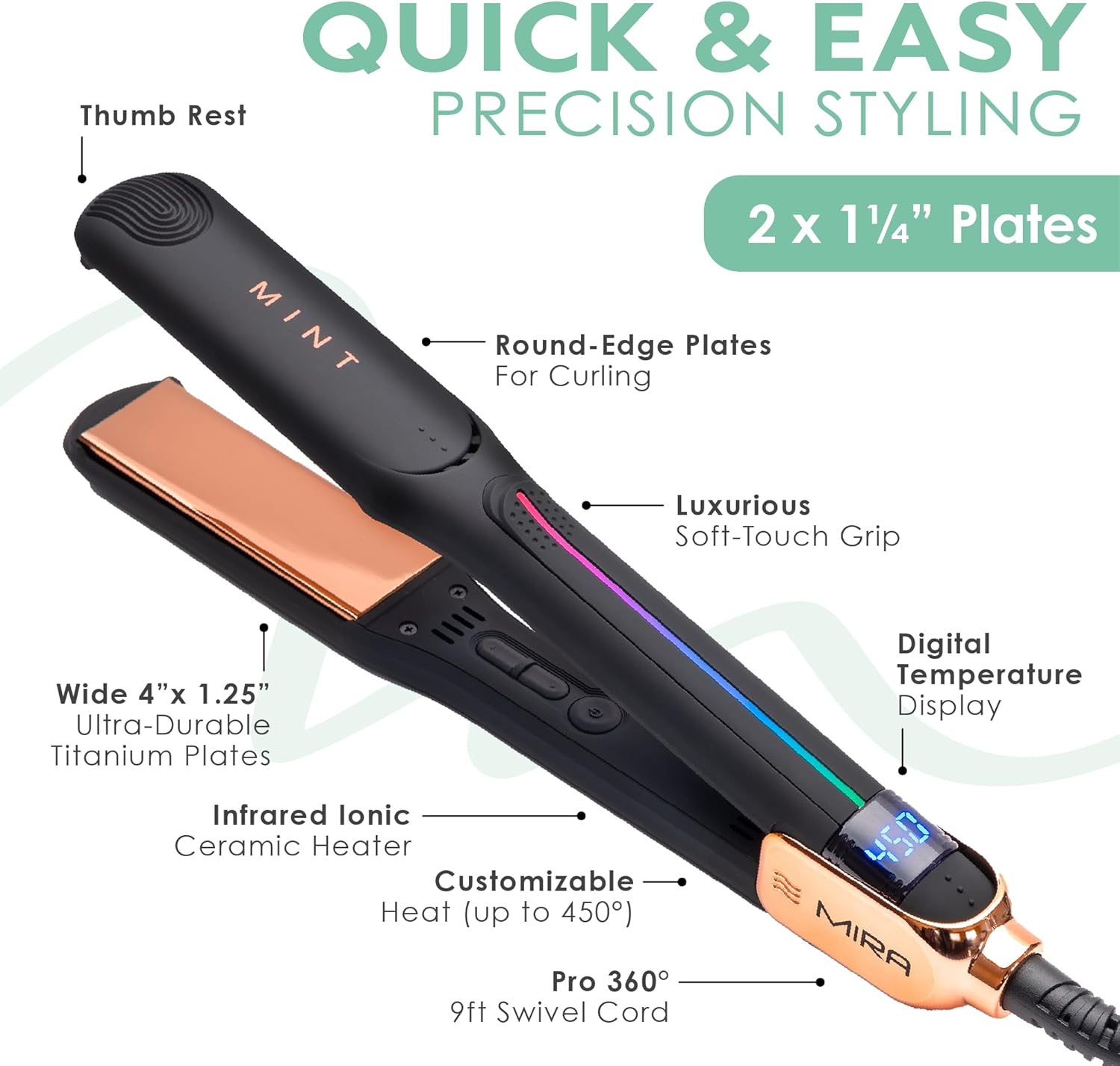 MIRA Professional Series 1 1/4 Inch Titanium Flat Iron Hair Straightener for All Hair Types - Image 5
