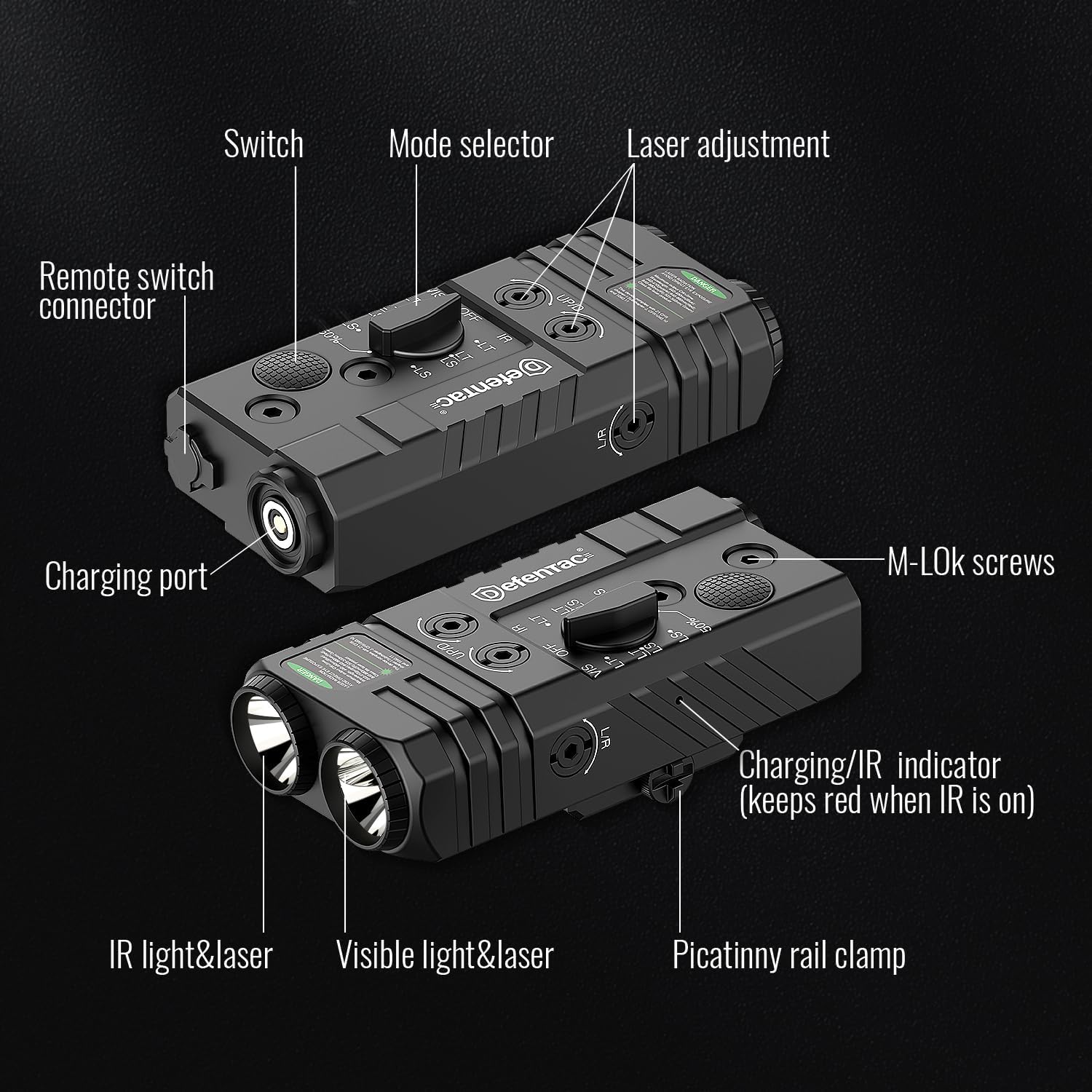 Defentac 4-in-1 Green/IR Laser and White/Infrared Flashlight Combo for Mlok/Picatinny Rail, 1450lm, Rechargeable Aluminum with Remote Pressure Switch - Image 3