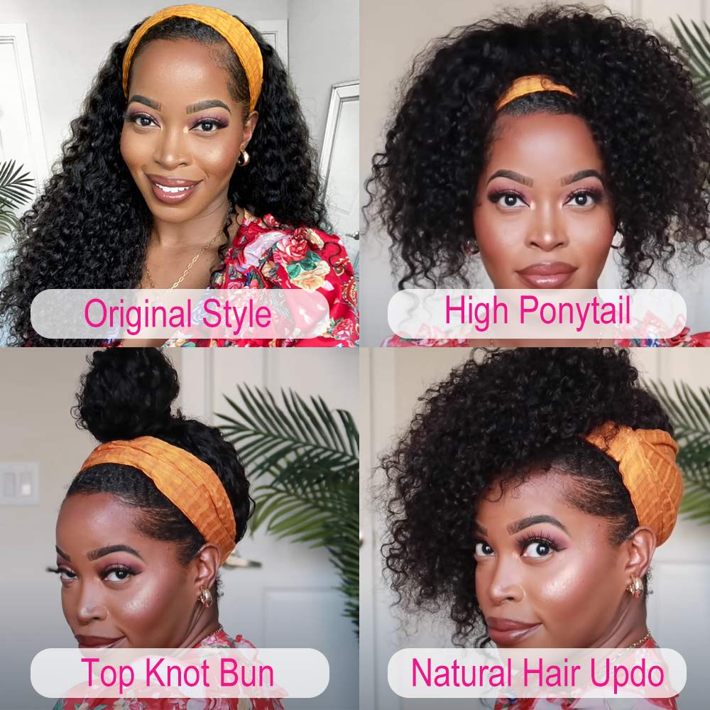 Mengkai 16 Inch Curly Human Hair Headband Wig for Women, No Lace - Image 2