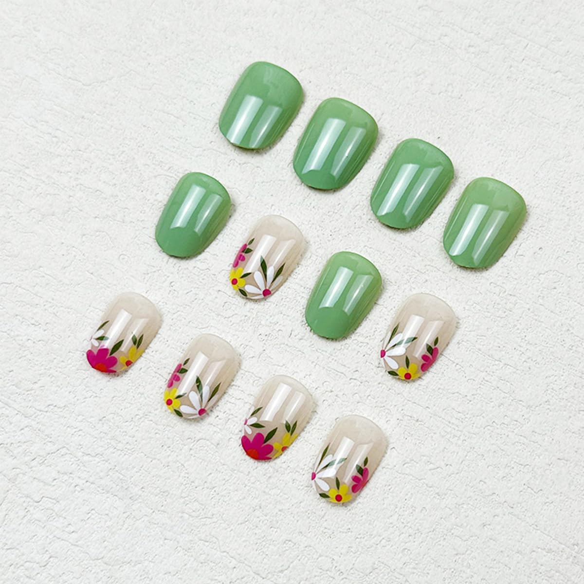 Green Almond Shape Flower Design Full Cover Acrylic Press-On Nails for Spring Summer - Image 4