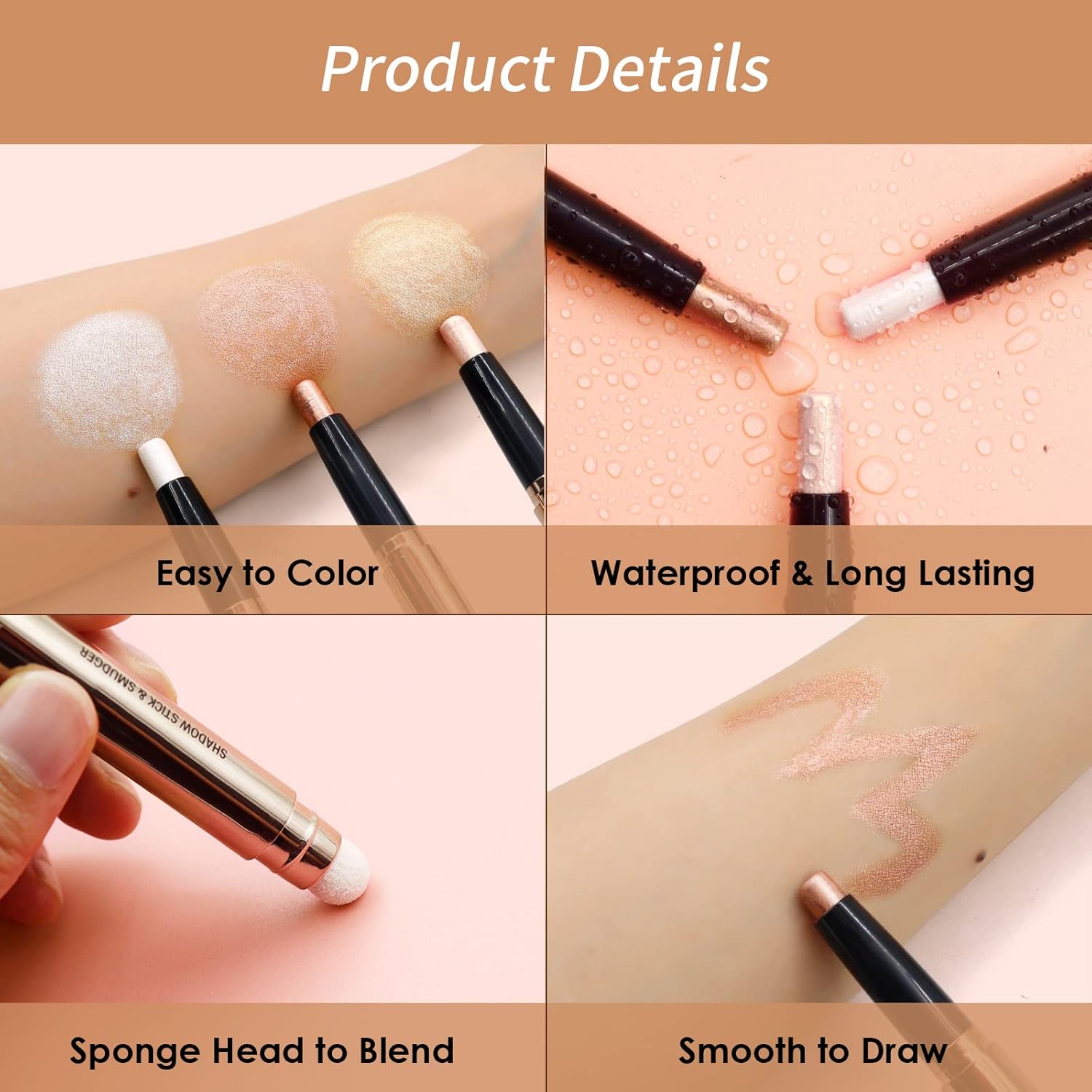 POPMISOLER 3 Pc Glitter Eyeshadow Stick Set Waterproof Cream Formula Soft Smudger - Image 3